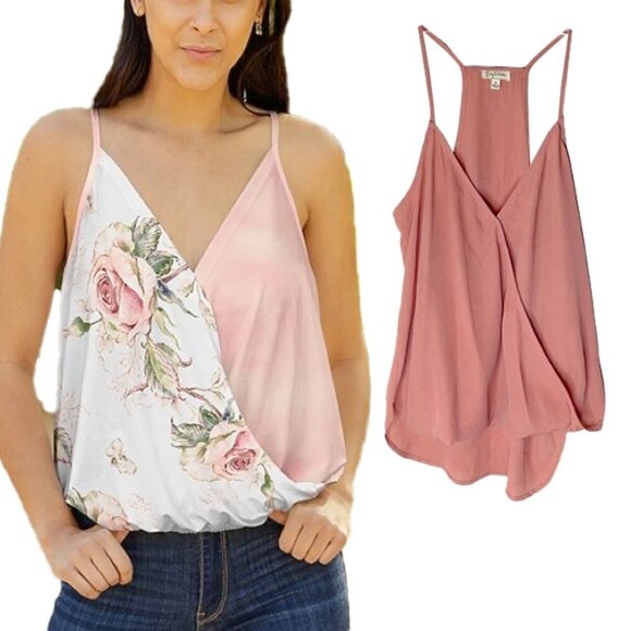 ❤️ LILY WHITE Women's Top Pink Surplice Spaghetti Strap Draping Blouse Medium - Picture 1 of 7